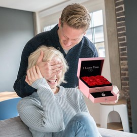 Conjunto de Caja de Regalo de Flor de Roja Rosa Eterna con Collar para de La Bella y la Bestia con 9 Rosas Flores de Regalos para Mamá,Romántico Regalo para Mujer, San Valentín, Navidad (Negro)