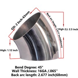 KOTVTM OD 2 Inch 45 Degree Stainless Steel Exhaust Elbow Pipe-16GA/. 065" Wall-SS304 Stainless Steel Pipe Bend Tube for Car Exhaust Elbow Modified, Stair Handrail Bend,etc (OD: 2 Inch (1pcs))