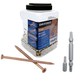 DECK DECO Wood Screws #10 x 3-1/2" 314pcs(Approx), Tan Ruspert Coating Exterior Deck Screws, Torx/Star Drive Flat Head,Twist Shank, Cut Tip/Thread, Bit Included, 5.5 lb/Box