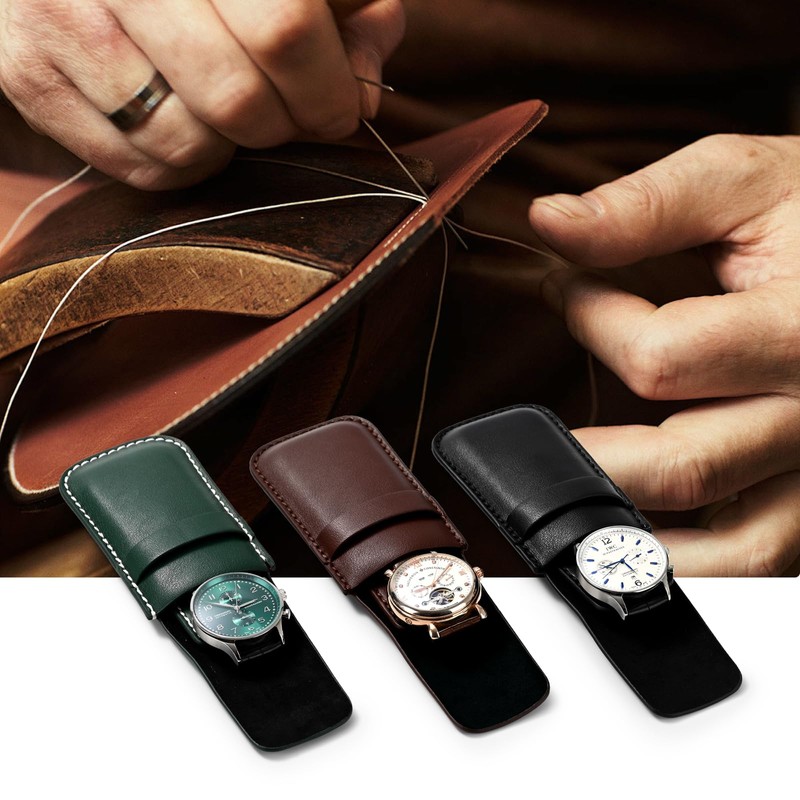 Woodten watch case holds 1 watch case. Thick, soft material
