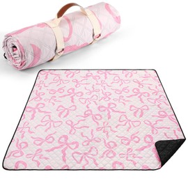 SmoothNovelty Pink Bow Picnic Blanket 80'' x 80'' Waterproof Extra Large Camping Blanket Coquette Picnic Mat Foldable Portable Preppy Outdoor Beach Mat with Carry Strap for Outdoor Grass Lawn Park