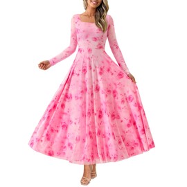 BTFBM Women Maxi Dress Fall 2025 Fashion Elegant Long Sleeve Square Neck Floral Print Party Club Wedding Guest Dresses(Floral Pink Red,Large)
