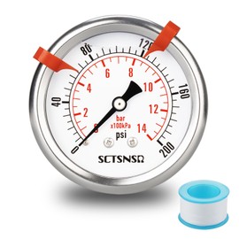 SCTSNSR 0 to 200 Psi Pressure Gauge, Glycerin Liquid Filled, 2.5 inch Dial, 1/4" NPT Back Mount, Stainless Steel Case, for Air Compressor, Shock, Water System, Well Pump, Tank, Pipe, Pressure Test