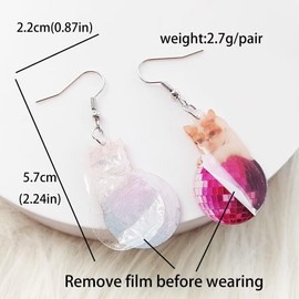twinkle eye Acrylic Pink Shiny Disco Ball Dangle Drop Earrings Music Dancing Club 70s 80s Cat Earrings Concert Costume Jewelry for Women
