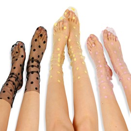 Violet Mist Womens Black Lace Socks Novelty Mesh Sheer Socks Women Fashion Decorated Loose Ankle High Socks Tulle Socks Lace Slouch Socks Cute Thin Transparent See Through Crew Socks, 3Pack-Polka Dot