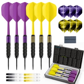 HUANQU 6 Pack Steel Tip Darts,Professional 24 Grams Metal Dart Set，6 Extra Flights & Shafts, Dart Sharpener, Dart Storage Box, Integrated Dart Flights and Shafts ，Beginner or Professional Darts