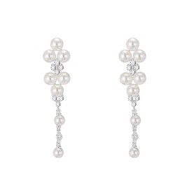 Long Pearl Cubic Zirconia Tassel Drop Dangle Earrings for Women Dainty Sterling Silver Post Multi Pearls Flower Crystal Cluster Chandelier Chain Statement Dangling Bridal Wedding Hypoallergenic (Silver, One size)