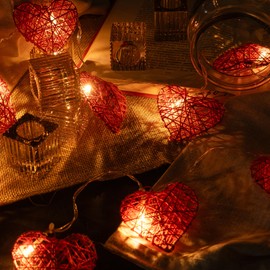 West Ivory - 5.5 ft 10 LEDs Vintage Rattan Red Heart Shaped Fairy String Lights w/Metal Covered - Battery Operated, Indoor & Outdoor, Party, Valentine, Wedding and Holiday Decorations - Warm White