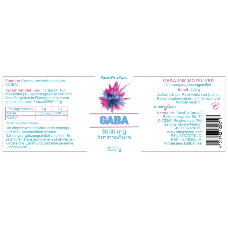 Gaba 3000 mg powder, amino acid, 300 g, pure, without