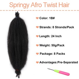 Mscat 24 Inch Pre-Separated Springy Afro Twist Hair 8 Packs Natural Black Marley Twist Crochet Braiding Synthetic Hair Extensions (8 Strands/Pack,1B#)