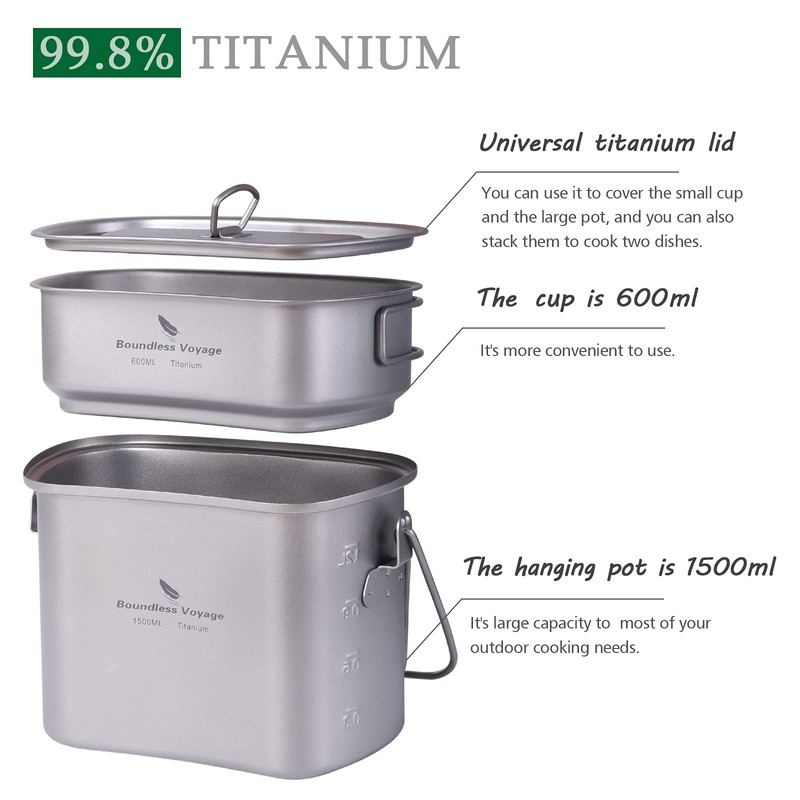 Boundless Voyage Titanium Hanging Pot Cup Cooking Set with Lid