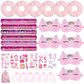30pcs Complete Slumber Party Set for Girls - Sleepover Essentials Kit with Eye Masks, Scrunchies, Slap Bracelets, Stickers & Gift Bags (Pink Spa Party Favors, Birthday Goodie Bags)