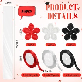 Yexiya 50 Sets Graduation Candy Lei Making Kit 23 Inch Transparent Plastic Cellophane Bags, Including 150 Tricolor Petals and 3 Rolls Ribbon Congrats Grad Candy Wreath Gift for Party(Red)