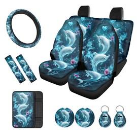Baxinh Dolphin Hibiscus Printed Car Seat Covers Full Set with Steering Wheel Cover Washable Front Rear Seat Covers for Trucks, Universal Seat Belt Pads,Cup Holders,Keychian Fit SUV Vehicle Decor, Blue