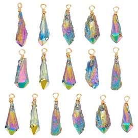 FINGERINSPIRE 16 PCS Electroplated Gemstone Charm, Copper Plated Wire Wrapped Quartz Crystal Pendant Without Chain 1.2x0.3x0.2inches Colorful Teardrop Natural Crystal Pendant Gemstone