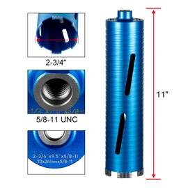 SALI Diamond Core Drill Bits 2 3/4" Diameter 10"/254mm Drilling Depth 5/8-11" Thread Core Bit Turbo Laser-Welded Segments for Cured Concrete with Rebar, Brick, Block, Masonry, Stone with Two Adapters