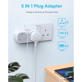 Double Plug Adaptor, VINTAR Multi Plug Extension Socket with 2 USB 1 USB C Ports, 2 Way Plug Adapter UK, 13A UK 3 Pin Wall Multiplug Extender for Bedroom, Office, Kitchen, 1 pack