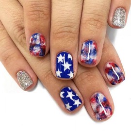 4th of July Press on Nails Short Square Fake Nails with Glitter Star Designs Red White Blue Nails Press ons Glossy Glue on Nails Independence Day False Nails Acrylic Stick on Nails for Women 24Pcs