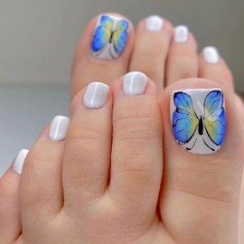 Wedity 24pcs Square Butterfly Fake Toenails Crystal Line Glossy Press on Toe Nails Short Acrylic False Toes Nails Artificial Toenail for Women Girls (D)