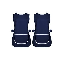 INDX-Clothing Pack of 2 Ladies Tabard Apron Kitchen Overall Catering TABBARD Cleaning Pocket (Navy Blue/Pack of 2, Large)