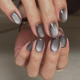 Short Oval Press on Nails with Nail File & Jelly Glue, 24pcs Glitter Cat Eye Nail Art Artificial Full Cover, DIY Manicure Supplies for Women Girls