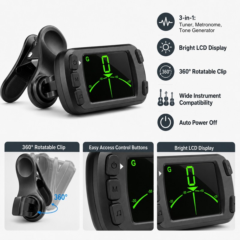 Clip-On Guitar Tuner Metronome for Music Practice – 3-in-1 LCD