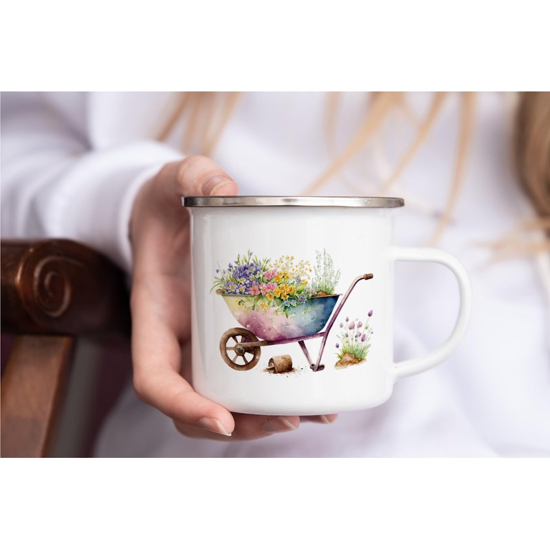 MAXIKIWI Langlebige Emaille-Kaffee- oder Tee-Camping-Tasse für drinnen und draußen, Frühlings-Schubkarre,