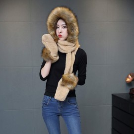 3 in 1 Winter Thermal Beanie Hat Women Girls Faux Fur Hooded Scarf Hats Gloves Earflaps Long Scarfs Ear Cuff Hat with Mitten Pocket Gloves Coral fleece Shawl Wraps Birthday Gift