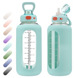 SIEROZUR 42 oz Glass Water Bottle with Straw and Handle Half Gallon Large Water Bottle with Silicone Sleeve and Time Marker Sports Water Jug Wide Mouth for Travel Gym