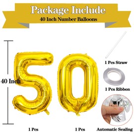 Giant Gold Number 50 Balloons, 40 Inch Jumbo Number 50, Large Foil Mylar Balloons for Girls Women 50th Birthday Party Decorations, 50 Anniversary Events Decorations