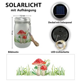 speecheese Toadstool Solar Light in Watercolour Style, a Beautiful Decorative Light for the Patio, Decorative Lamp, Mason Jar, Solar Nature, Women Decoration, Clover Leaf Lucky Charm, Fairy Tale,