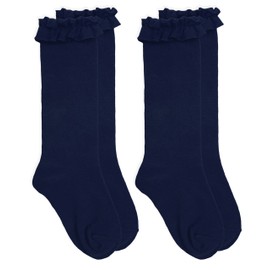 Jefferies Socks Girls School Uniform Ruffle Knee High Socks 2 Pair Pack (M - USA Shoe 12-6 - Age 5-10 Years, Navy)