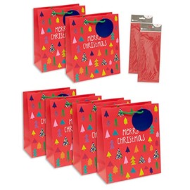 UK Greetings Multipack of 6 Medium Christmas Giftbags & 2 Packs of Red Tissue Paper - Festive Design