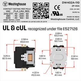 Westinghouse HVAC Contactor, 2 Pole, 40 Amp, 24V Coil, Line & Load Lugs, A2L Compliant Definite Purpose AC Contactor, UL Recognized & Approved for UL 60335