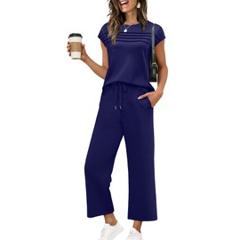 WIHOLL Business Casual Outfits for Women Summer Cruise Resort Wear 2025 2 Piece Comfy Travel Set Womens Clothing Cozy Lounge Sets Conjuntos De 2 Piezas Para Mujer Navy Blue L