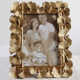 Vintage Photo Frame, Oblong Ginkgo Biloba Resin Gold Frame,Antique Photo Fram for Desktop Display and Wall Mount Home Decorf (golden, 5 X7)