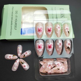 UEYRSEDB Almond Press on Nails Medium Spring Fake Nails with Pink Flower Design Green Leaf False Nails Pink Flowers Glue on Nails Cute Spring Floral Artificial Stick on Nails for Women Girls 24Pcs
