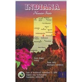 STATES4IND, INDIANA Hoosier State, [ONE 1 Card] POSTCARD MAP ; The HOOSIER STATE, Statehood: 1816; Capital: Indianapolis; State Flower: Peony A U.S. State POSTCARD from HibiscusExpress