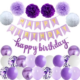 Ohighing Happy Birthday Purple Birthday Party Decoration Set Birthday Garland Balloons Purple Balloons 6 Pompoms Birthday Decoration Girls