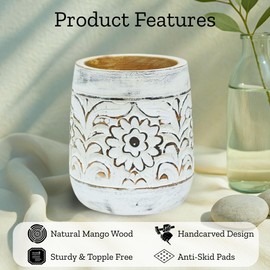 Mie Creations Farmhouse 7'' Large Utensil Holder for Kitchen Counter, Handcarved Wooden Utensils Crock | Decorative Floral Vintage Utensil Holder, Shabby Chic Cooking Organizer - Distressed White