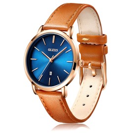 OLEVS Watches for Women Waterproof Wristwatches Analog Quartz Ultra Thin Upgraded-Yellow Watches Leather Strap Watches with Date Calendar Watches,Gifts for Women