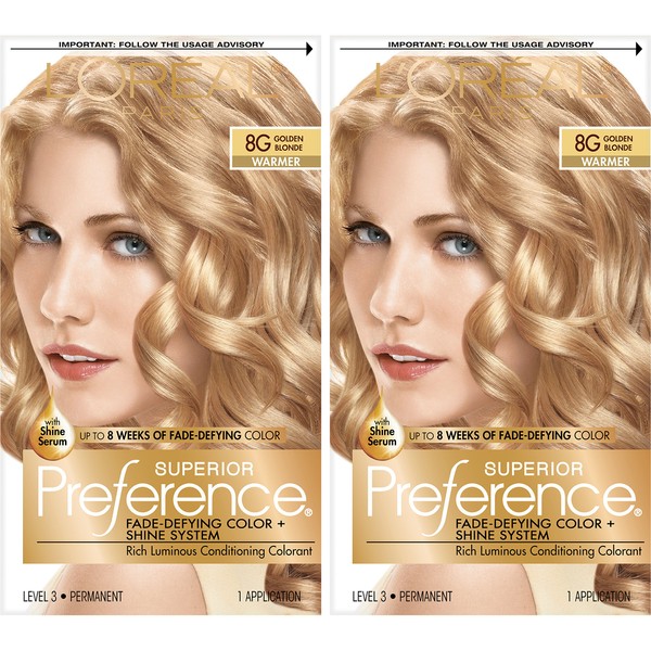 L'Oreal Paris Superior Preference Fade-Defying + Shine Permanent Hair Color, 8G Golden Blonde, Pack of 2, Hair Dye