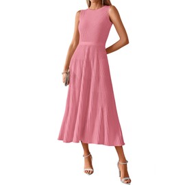 BTFBM Women's Midi Bodycon Tank Dress Summer Crewneck Rib Knit Sleeveless Pleated Swing A Line Business Casual Dresses(Pink, XX-Large)