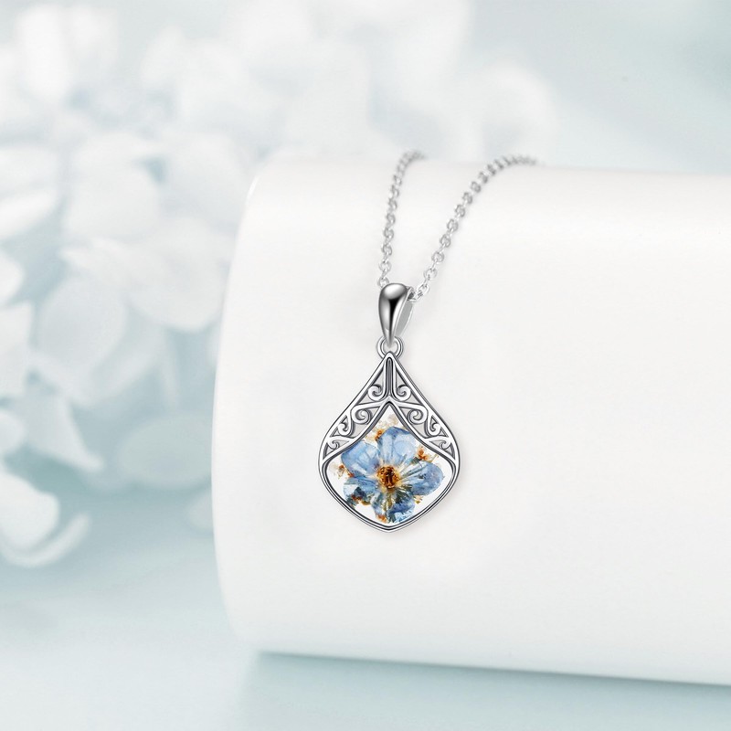 CUPENDA Forget Me Not Flower Necklace Sterling Silver Blue Pressed
