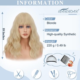BARSDAR Medium Long Blonde Wig with Fringe, 46 cm Wavy Blonde Wig with Fringe for Women, Curly Synthetic, Heat Resistant, Shoulder Length Wig, Cosplay Party - Blonde