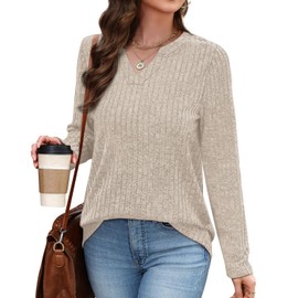 Aokosor Jumpers for Women Lightweight Sweatshirts Ladies V Neck Long Sleeve Tops Women Loose Fit Size 18-20 Beige