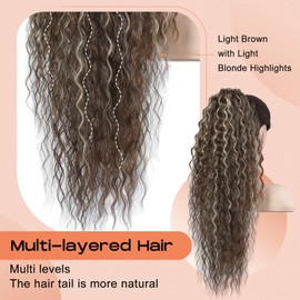 SEIKEA Highlight Drawstring Ponytail Extension, PT005 Isabella 26" Long Bohemia Curly Pony Tail Multi Layered Light Soft Clip in Hair Extensions Ponytail Natural Light Brown Light Blonde Highlight