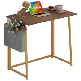 4NM 31.5" Small Desk with Storage Bag, Simple Assembly Folding Computer Desk Home Office Desk Study Writing Table for Small Space Offices - Brown and Golden