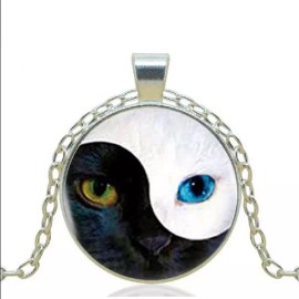 Fashion Jewelry YIN YANG CAT ANIMAL PET BLUE GREEN EYES FACE pendant 20" Silver 925 necklace