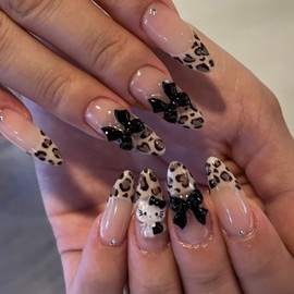 24 PCS Press on Nails Three-dimensional Bow Fake Nails Leopard Fake Nails Kitty Cat Fake Nails Rhinestone Fake Nails Medium Fake Nails Gifts for Women and Girls (No.39)